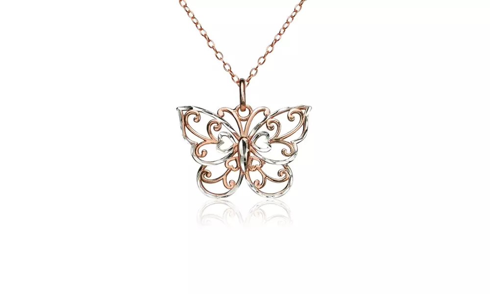 Rose Gold over Silver Two-Tone Diamond-cut Filigree Butterfly Pendant Necklace