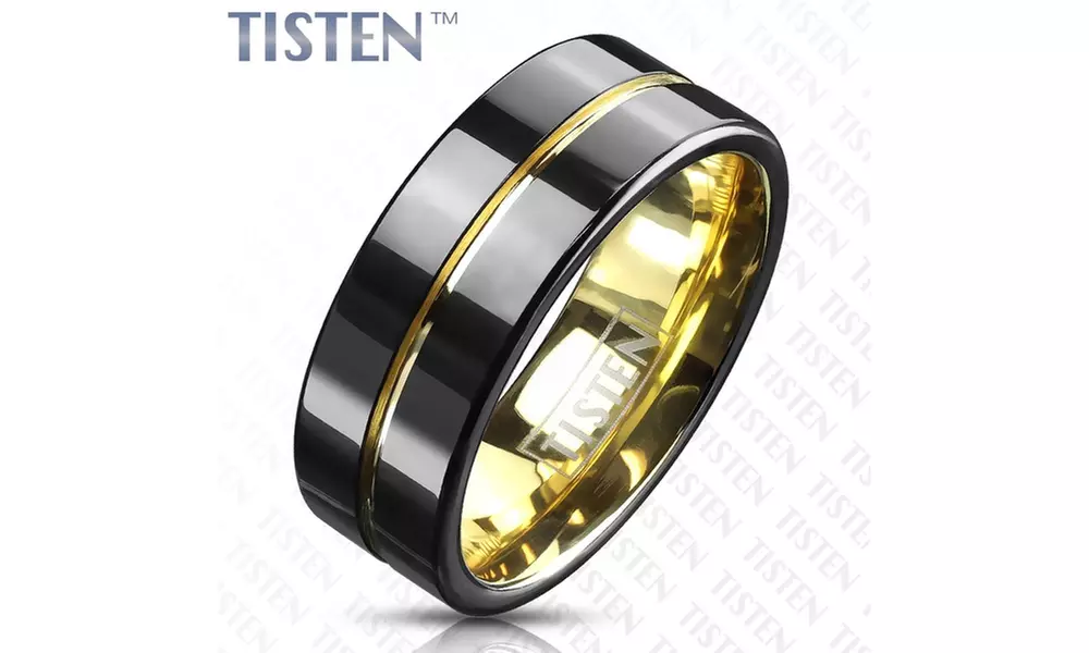 Black PVD and Gold PVD Groove Center and Inside Two tone Tisten Rings - Second Medium
