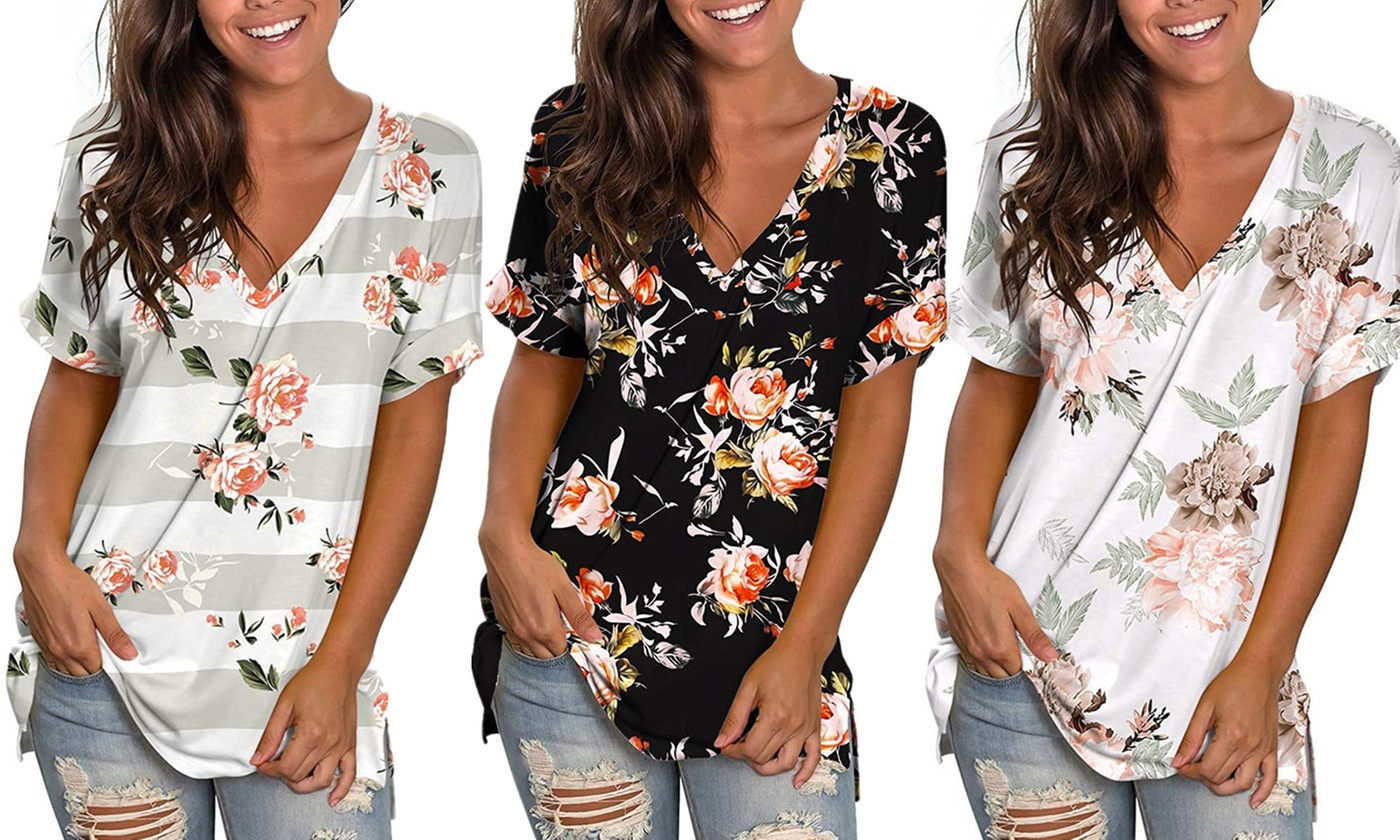 Womens Summer  Floral Printed V Neck Tunic Shirts 