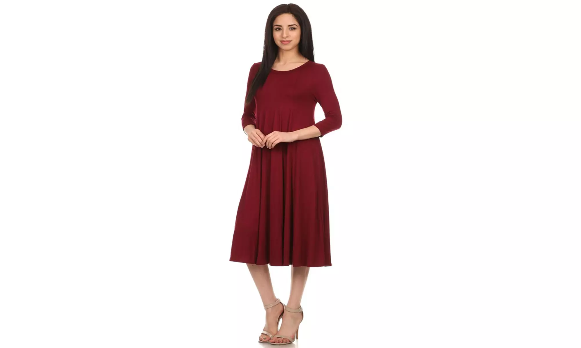 Women's Solid Casual Comfy 3/4 Sleeve Loose Fit A-line Midi Dress
