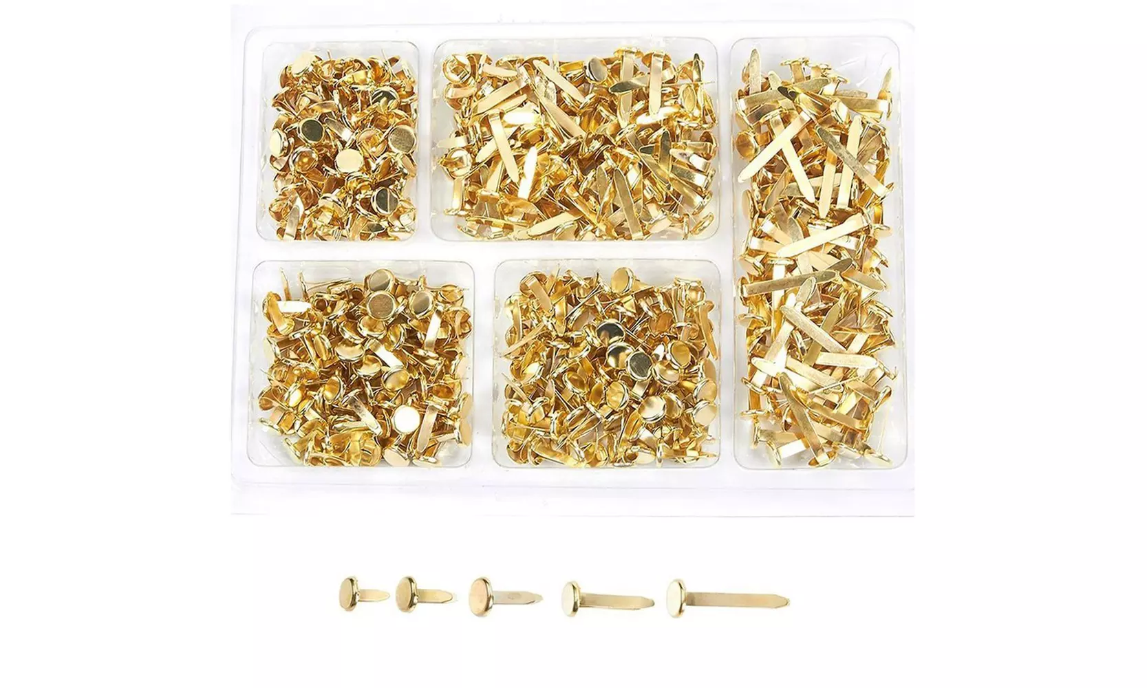 500pcs Mini Scrapbooking Brads Paper Steel Brad Fastener, Gold, 5 Assorted Sizes - Primary Image