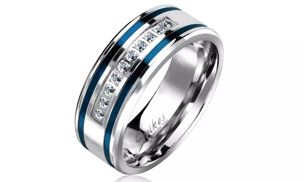 10 Lined CNC Machine Set CZ with 2 Blue IP Grooved Stripes Stainless Steel Ring - Second Medium