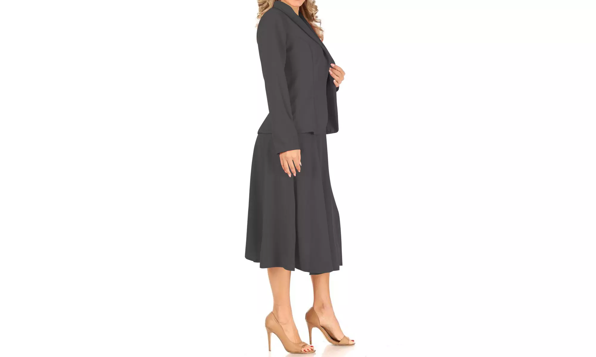 Women's Two Piece Solid Long Sleeve Casual Blazer Relaxed A-Line Midi Skirt