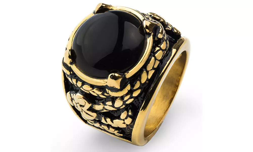 Men's Gold Plated Stainless Steel Black Onyx Dragon Claw Ring - Primary Image
