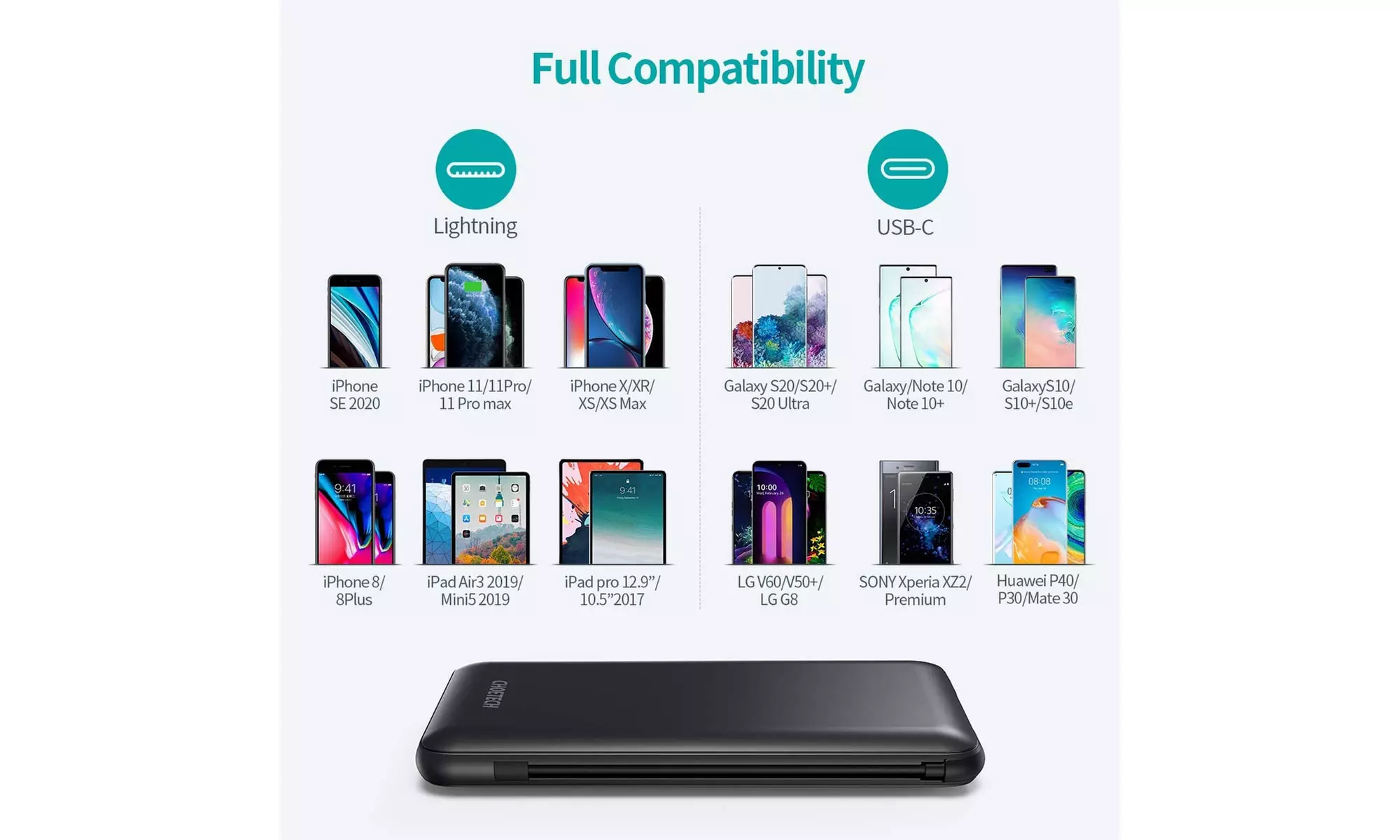 CHOETECH Power Bank with Built-in USB-C and Lightning Cables 10,000 mAh Charger
