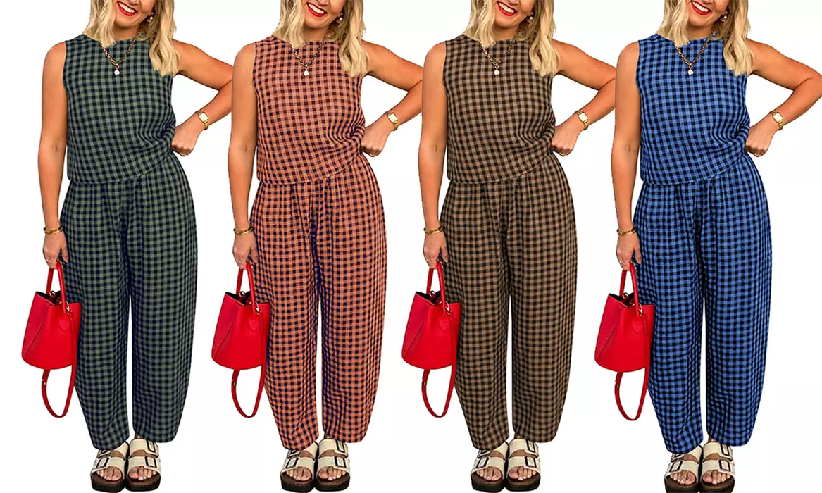 Womens 2 Piece Sleeveless Tank Tops Plaid Print Wide Leg Pants Set Loungwear