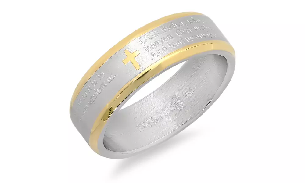  Men's Two-Tone Stainless Steel Band Ring With The Lord Prayer Accents  - Primary Image