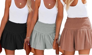 Womens Shorts Cotton High Elastic Waisted Pleated Ruffle Flowy Casual Shorts