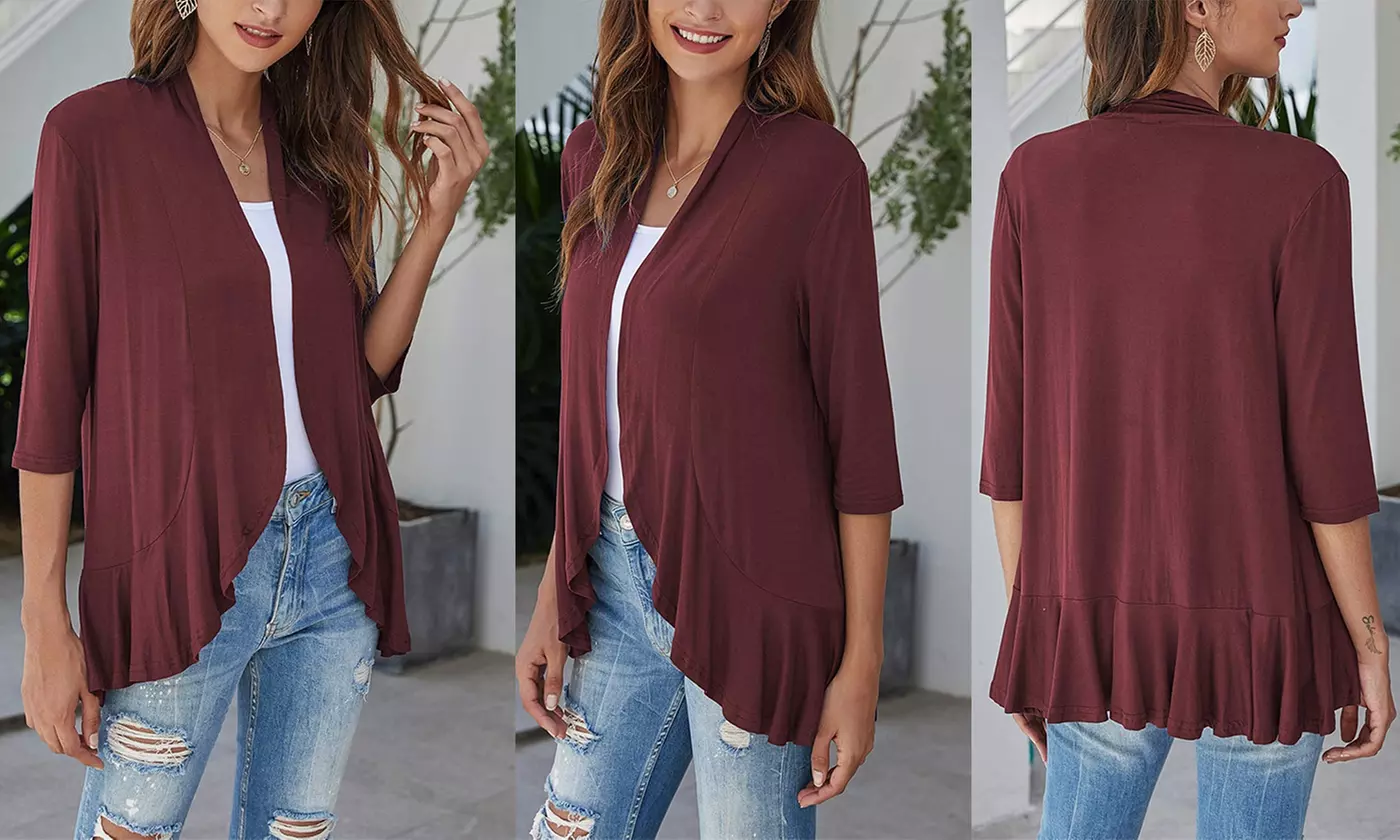 Women's Casual Lightweight Open Front 3/4 Sleeve Cardigans Soft Draped Ruffles