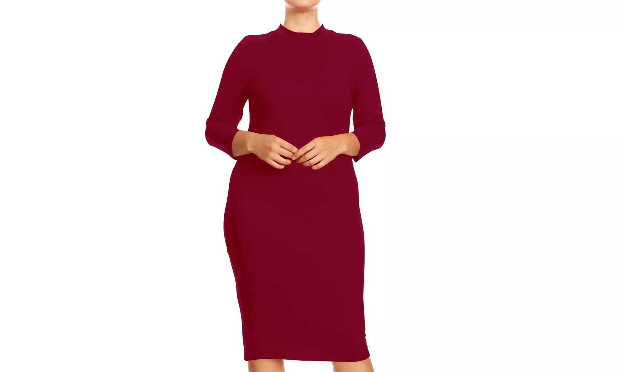 Women's Plus Size Mock Neck 3/4 Sleeves Casual Solid Bodycon Casual Mid Dress
