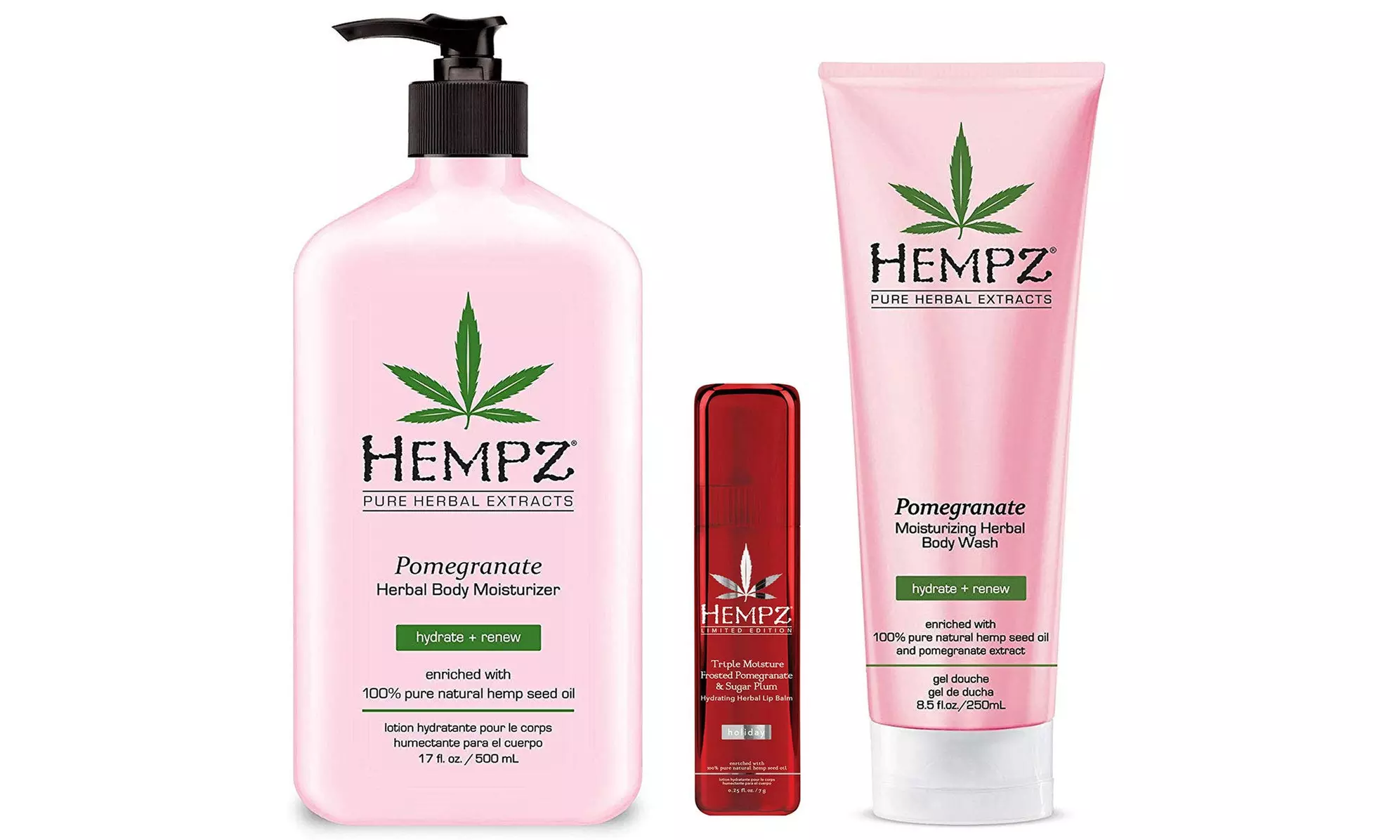 Hempz Pomegranate Herbal Body Moisturizer Lotion w/ Lip Balm Trio Set - Primary Image