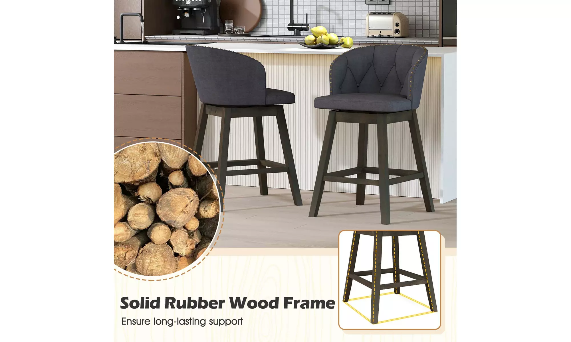 Costway Set of 2 or 4 Fabric Upholstered Counter Height Bar Stools for Kitchen 