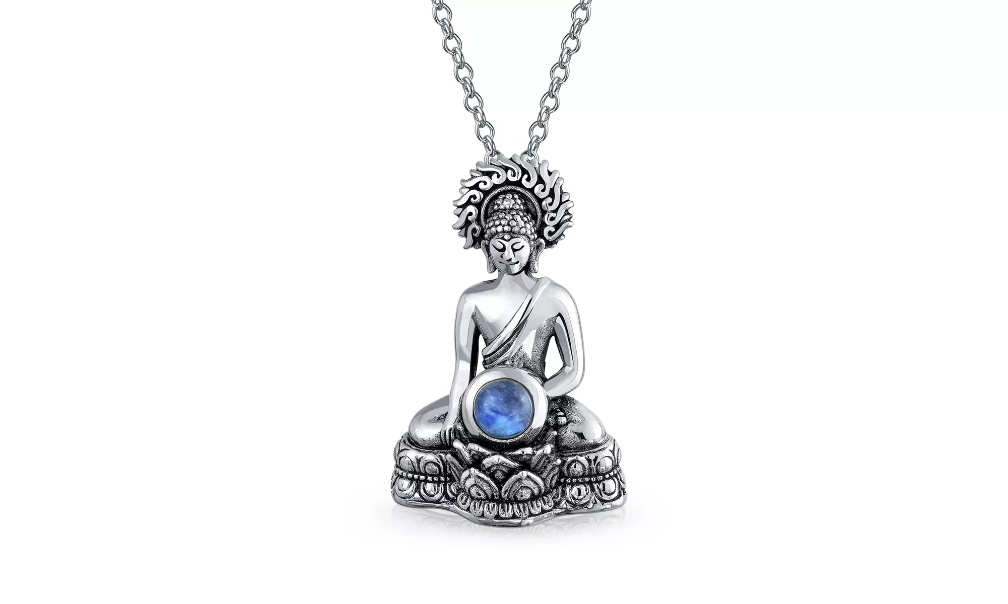 Thai Sitting Buddha Moonstone Sterling Silver Amulet Pendant Necklace - Primary Image