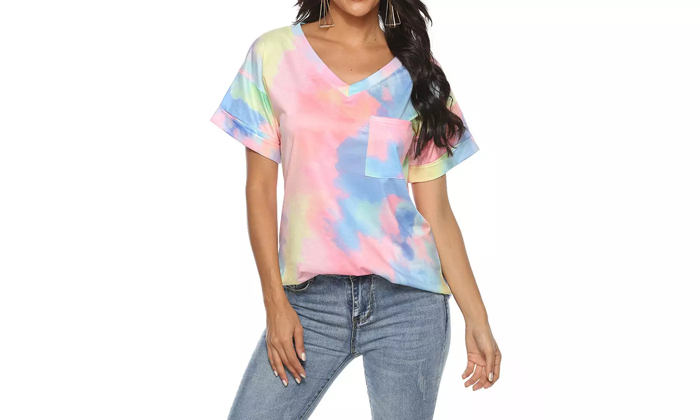 Womens Summer Tops Short Sleeve V-Neck Casual Blouse Tunic Tees Shirts