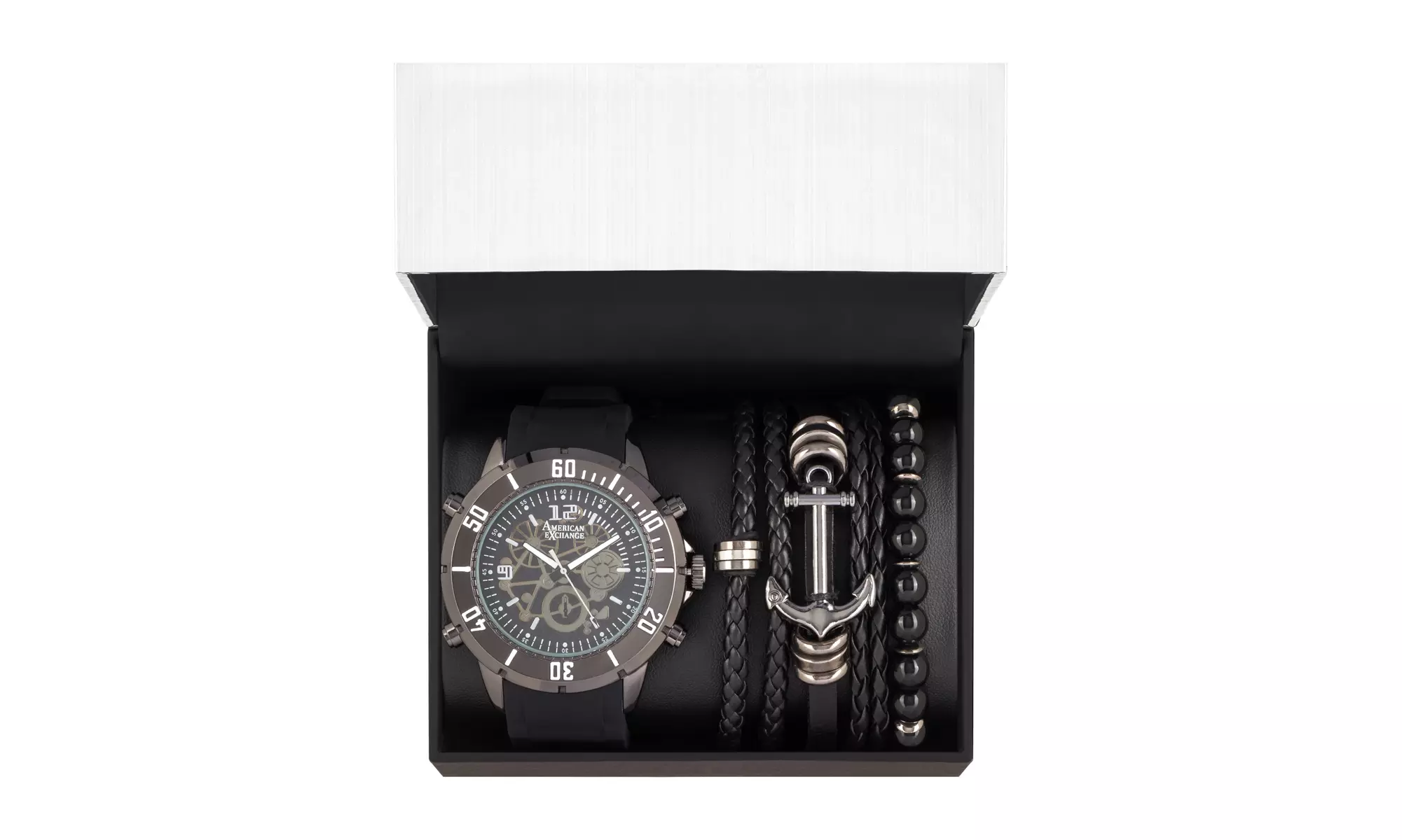 American Exchange Men's Analog Quartz Watch And Stackable Set Shiny Black - Second Medium