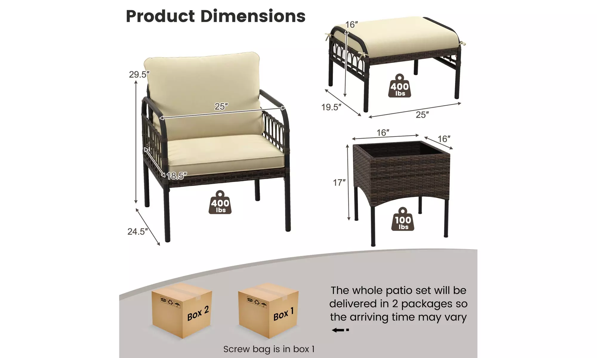 Costway 5 Piece Patio Conversation Set - Outdoor Wicker Chairs, Ottomans & Table