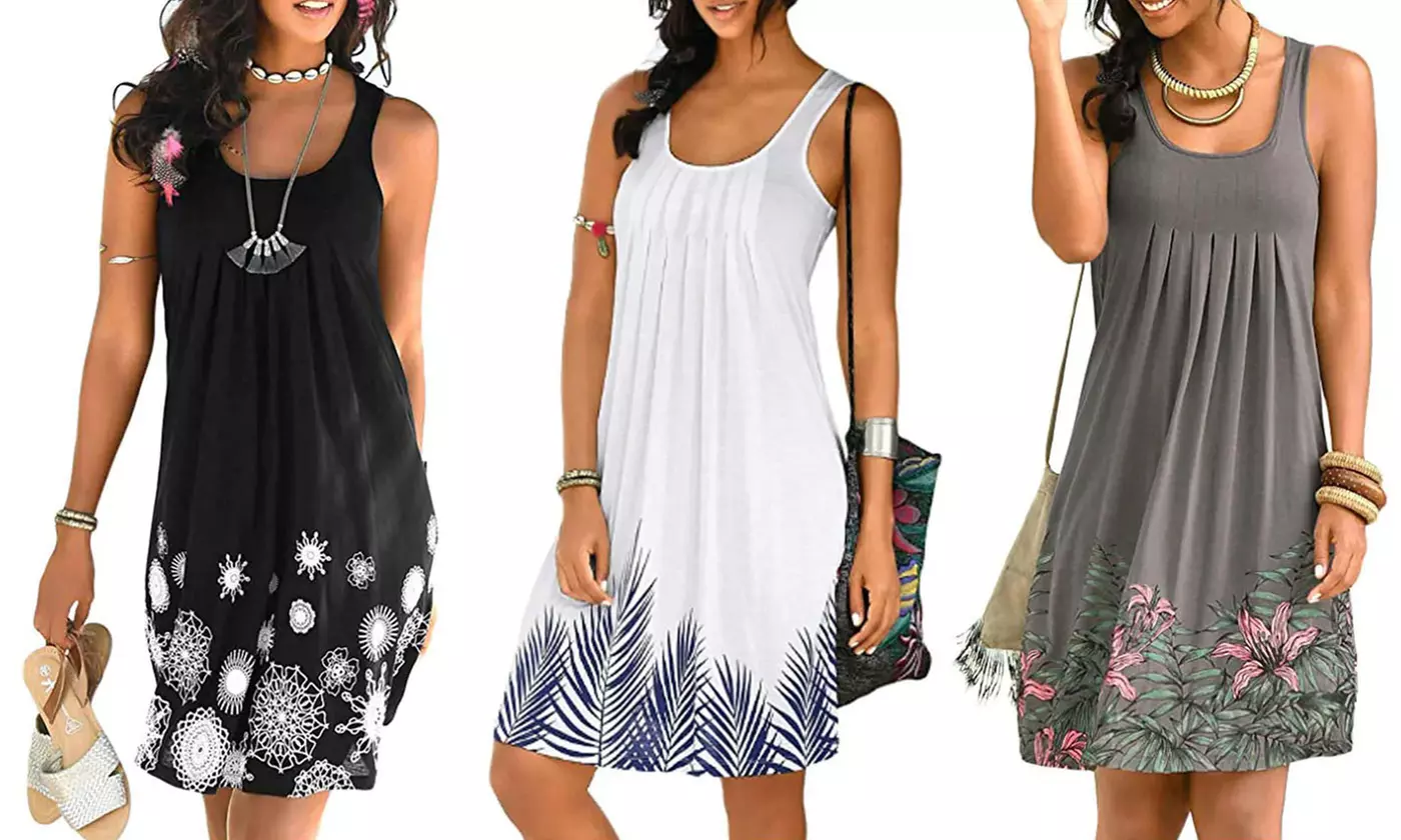 Women Summer Casual Spaghetti Strap Sundress Sleeveless Beach Dress - Primary Image