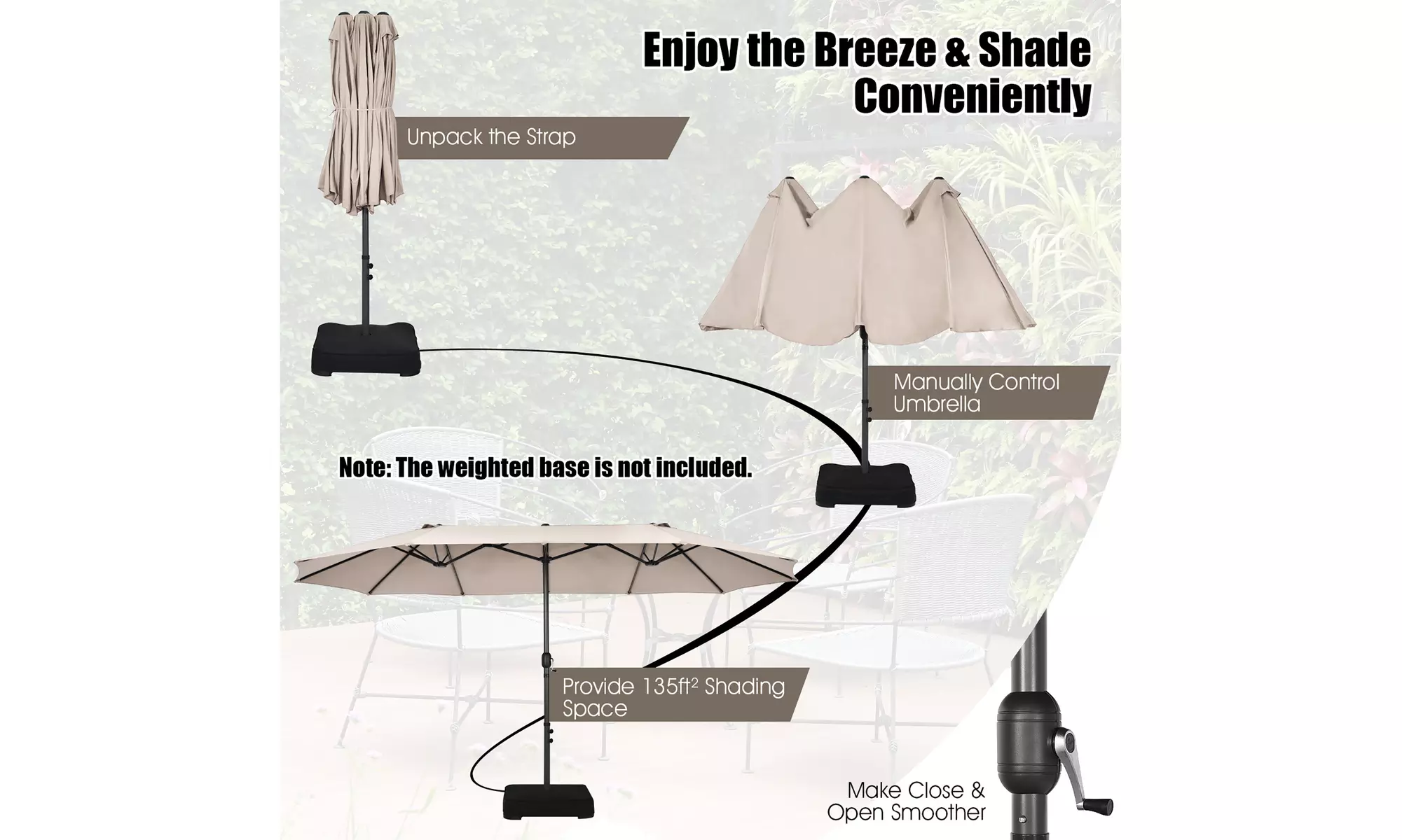 Costway 15FT Patio Double-Sided Umbrella Crank Outdoor Garden Market Sun Shade