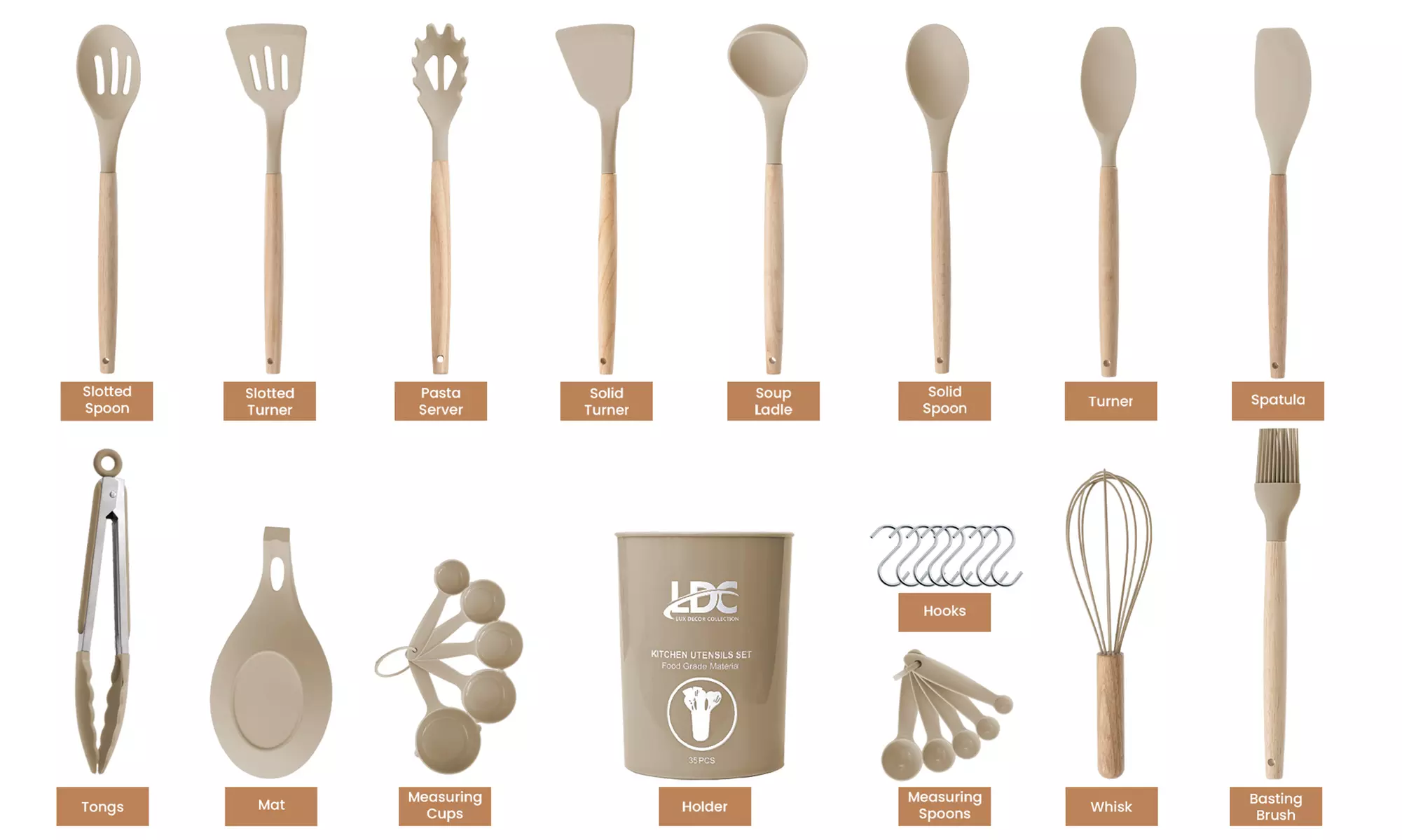 Lux Decor Silicone Kitchen Utensils Set Heat Resistant 35-Pcs Cooking Tools