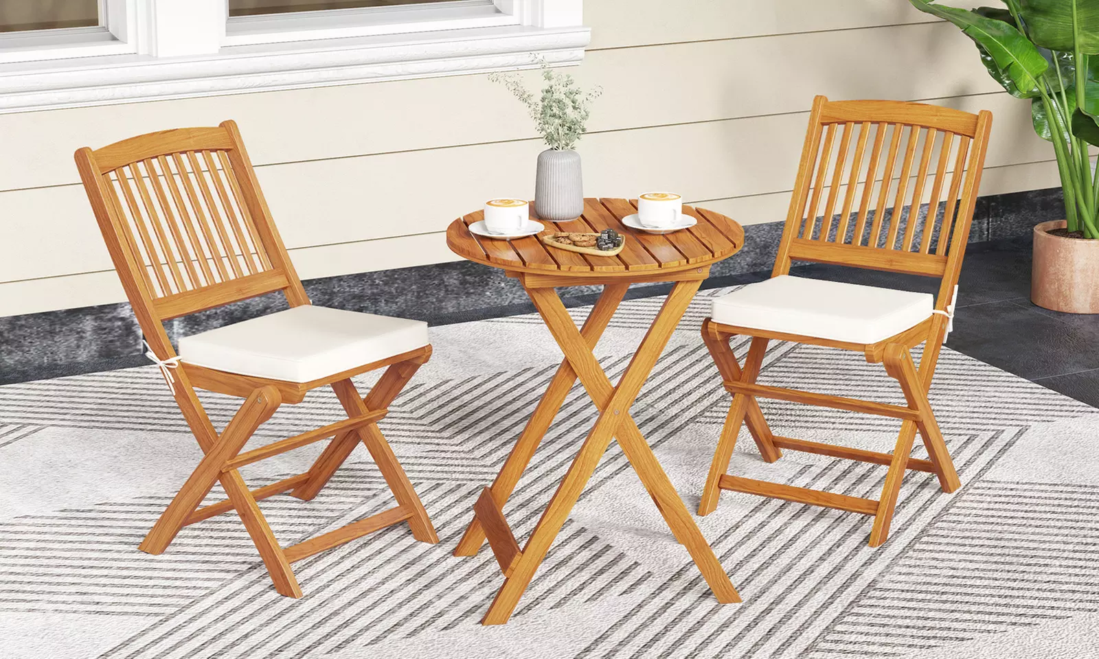 Costway Outdoor Folding Chairs Acacia Wood High-Back Chair with Seat Cushions