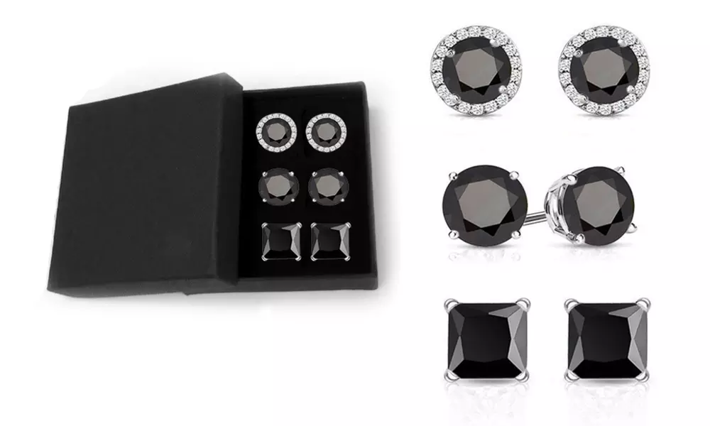 Set of 3 7.00 CTTW Black Stud Earrings With Crystals From Swarovski
