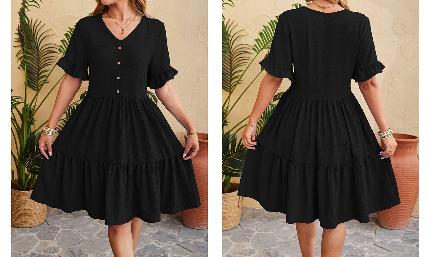 Womens V Neck Short Sleeve Swiss Dot Ruffle Hem Summer Dress 