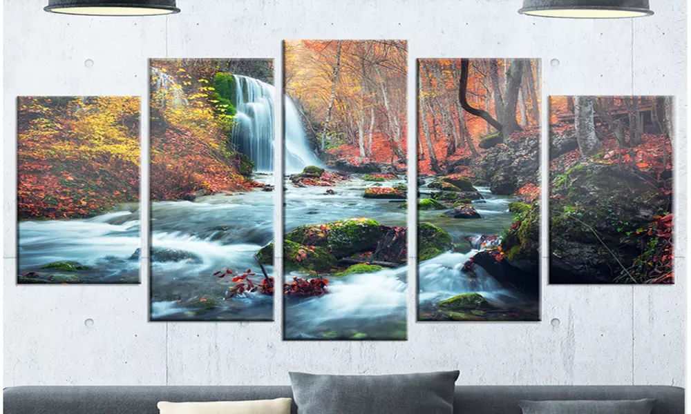 Autumn Mountain Waterfall Long View - LandscapePhoto 5 Panel Metal Wall Art - Primary Image
