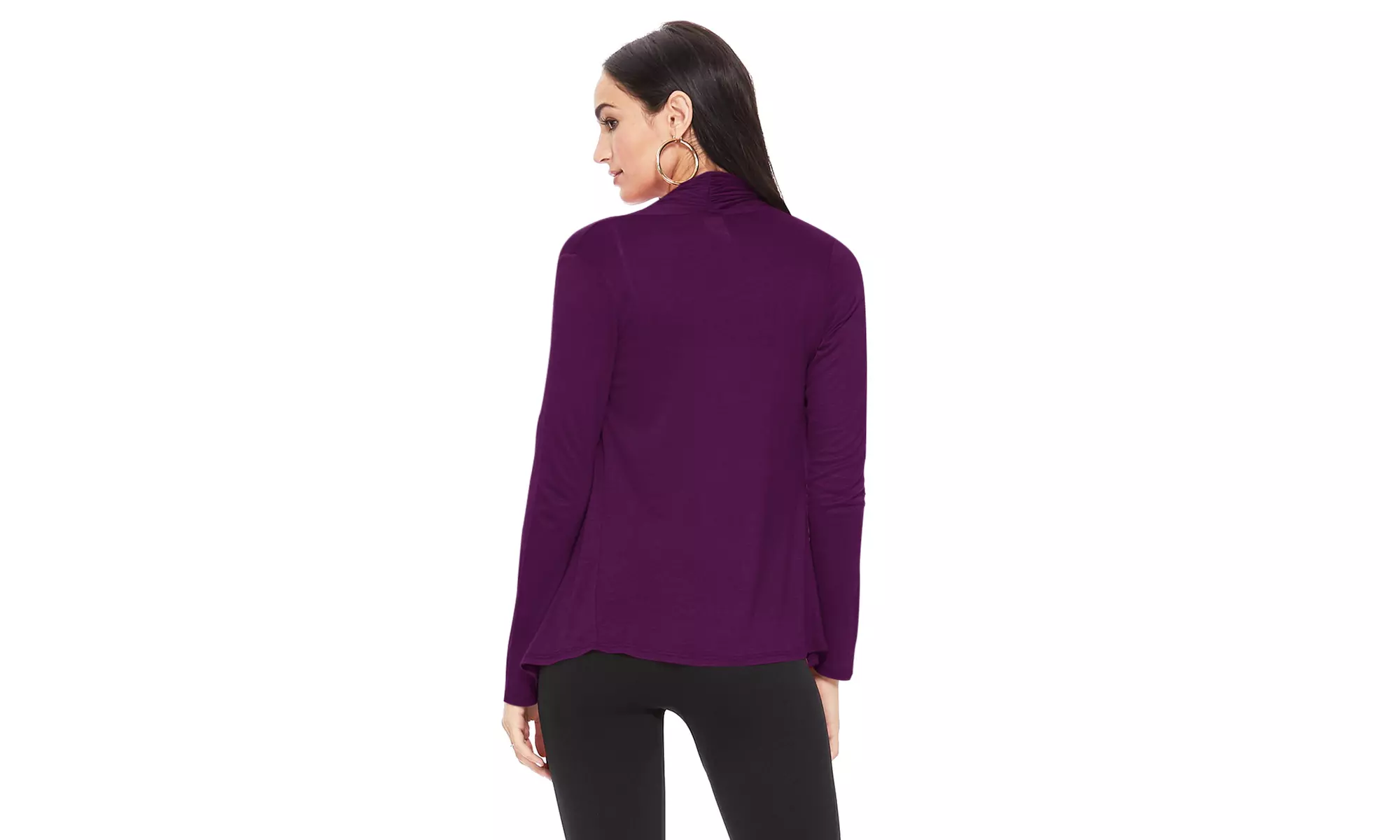 Long Sleeve Relaxed Loose Fit Draped Neck Open Front Waist Length Solid Cardigan