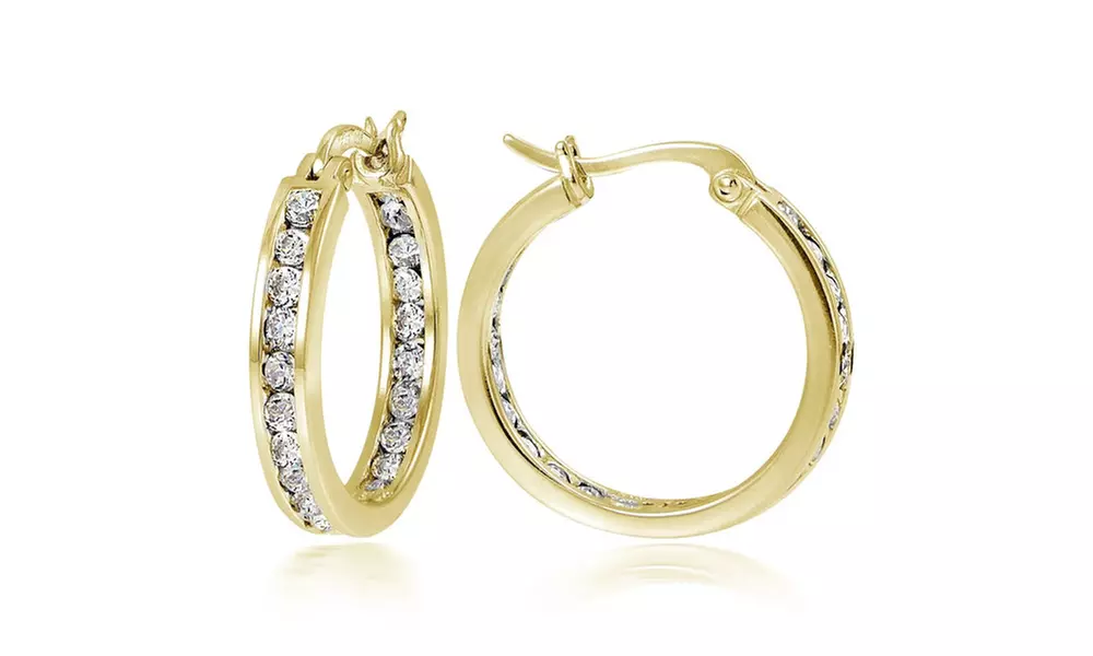 Gold Plated CZ Inside Out Channel-Set 20mm Round Hoop Earrings - Primary Image