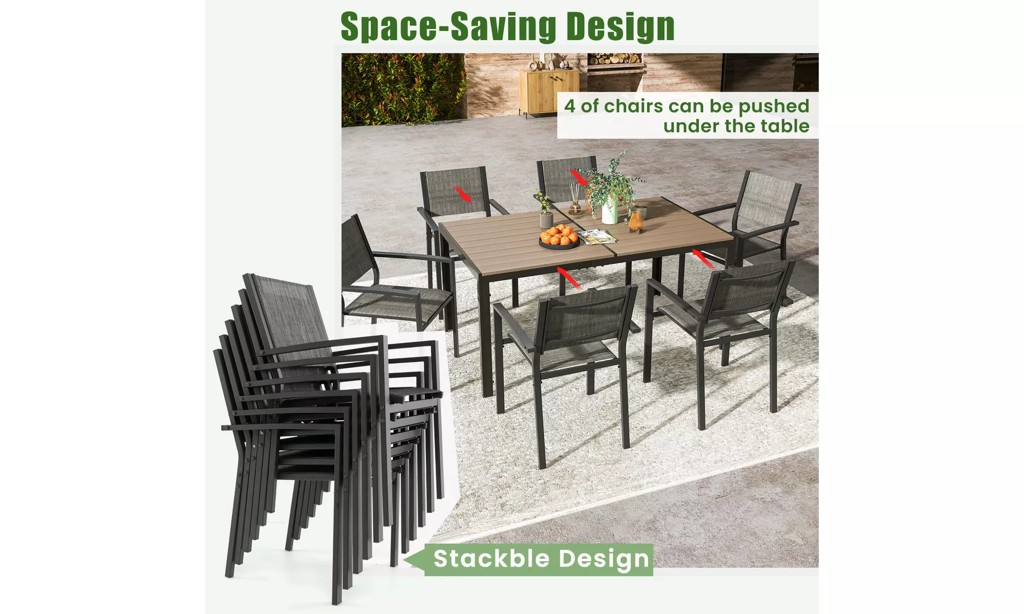 7-Pc Costway Outdoor Dining Set with 6 Stackable Chairs & Large Rectangle Table