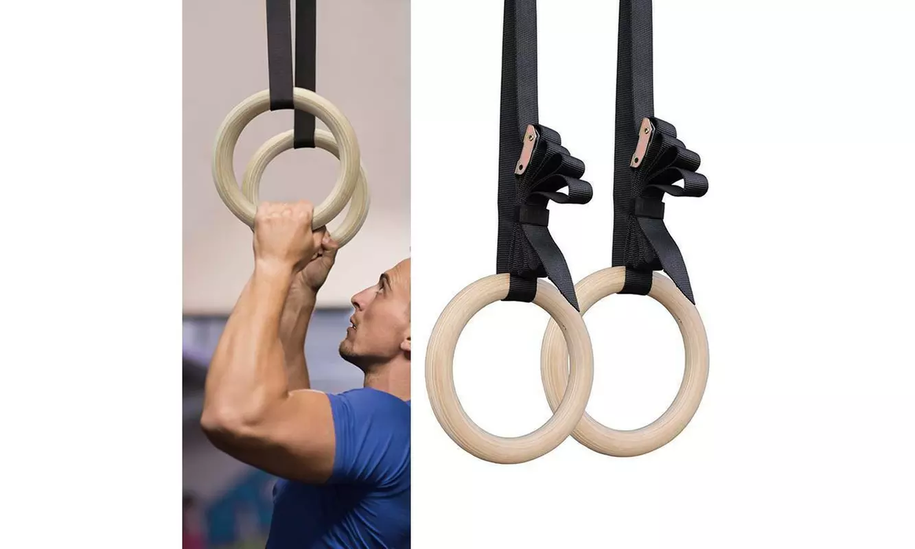 Wood Gymnastic Ring Olympic Strength Training Gym Rings Wooden Crossfit new - Primary Image