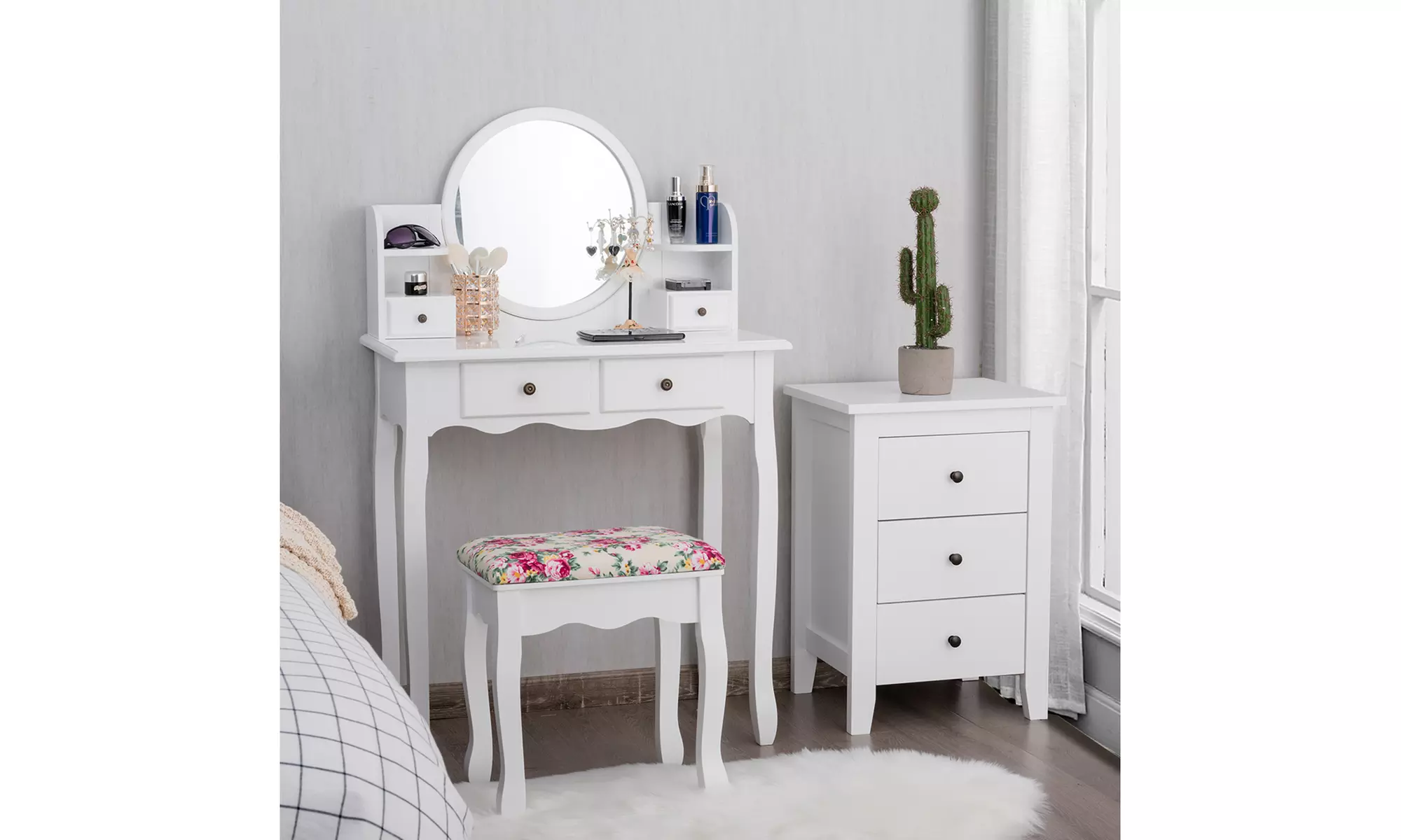 Makeup Vanity Table Set W/Drawers Oval Mirror Girls Dressing Table for Kids Gift - Primary Image