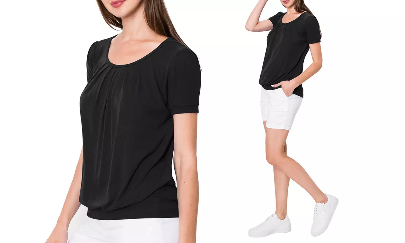 Made by Johnny Women's Scoop Neck Short Sleeve Front Pleated Blouse