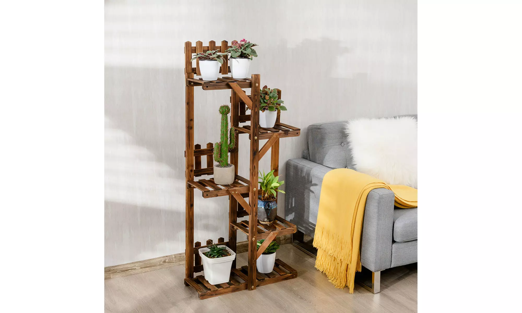Costway 5-Tier Plant Rack Wood Stand 6 Pots Display Shelf Multifunctional Rack - Primary Image