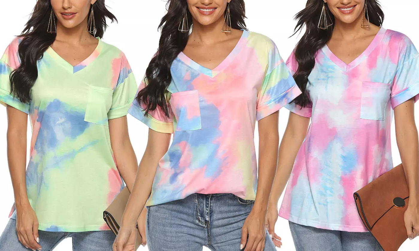 Women Summer Short Sleeve T Shirt V Neck Blouse Gradient Casual Loose Top Tee US