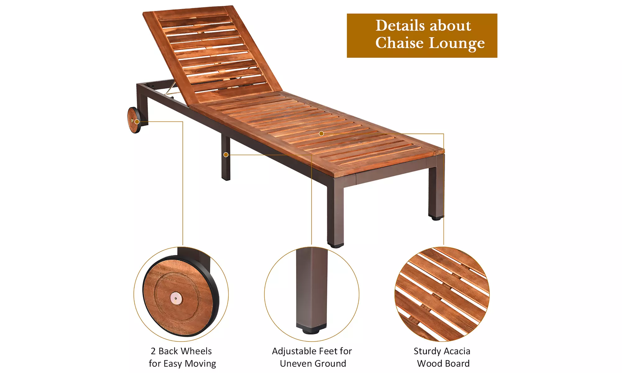 Patio Acacia Wood Lounge Chair Chaise Recliner Adjustable Backrest Cushion Wheel