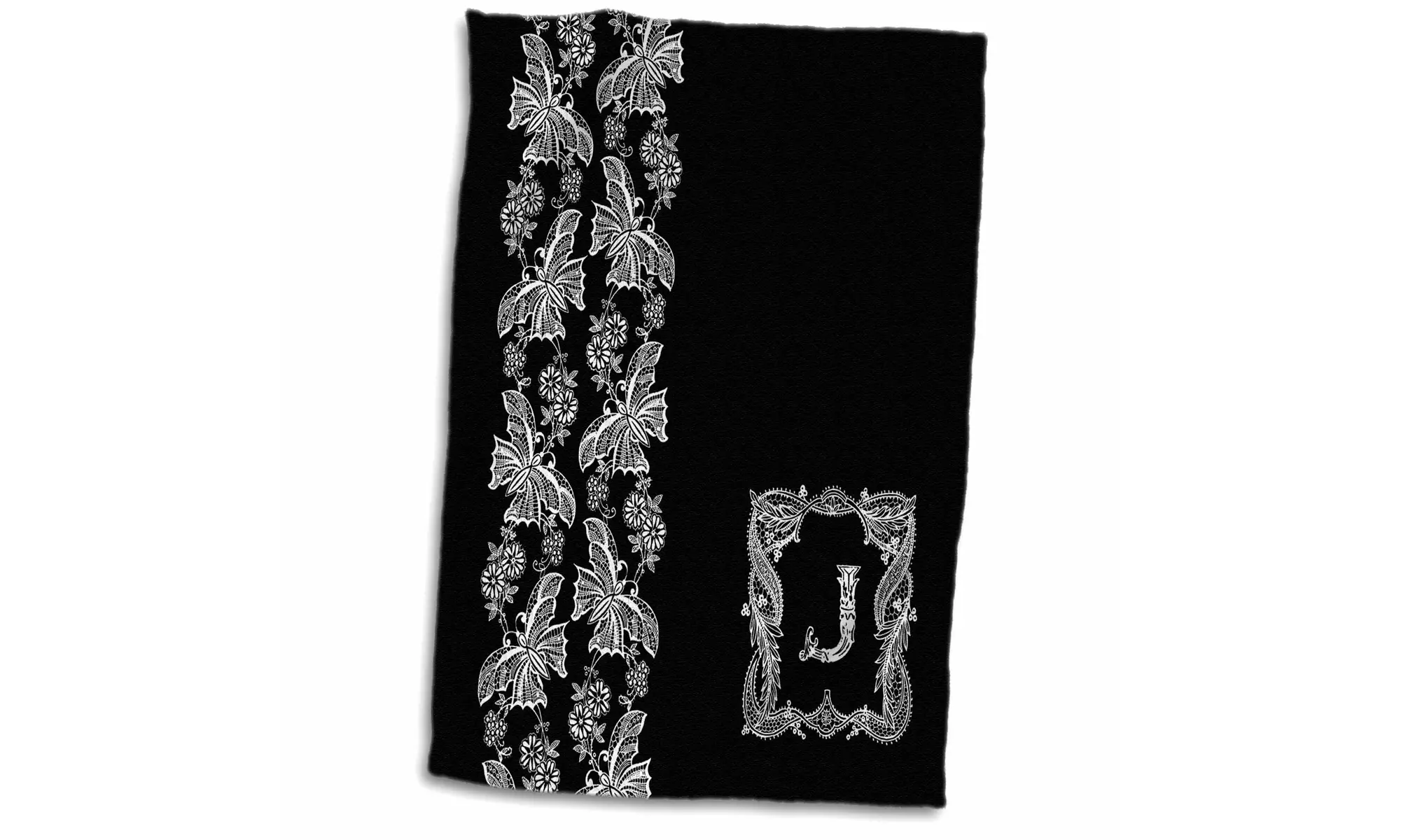  Towel - Monogram Initial J in White Lace over Black Background - 15 by 22-inch - Primary Image