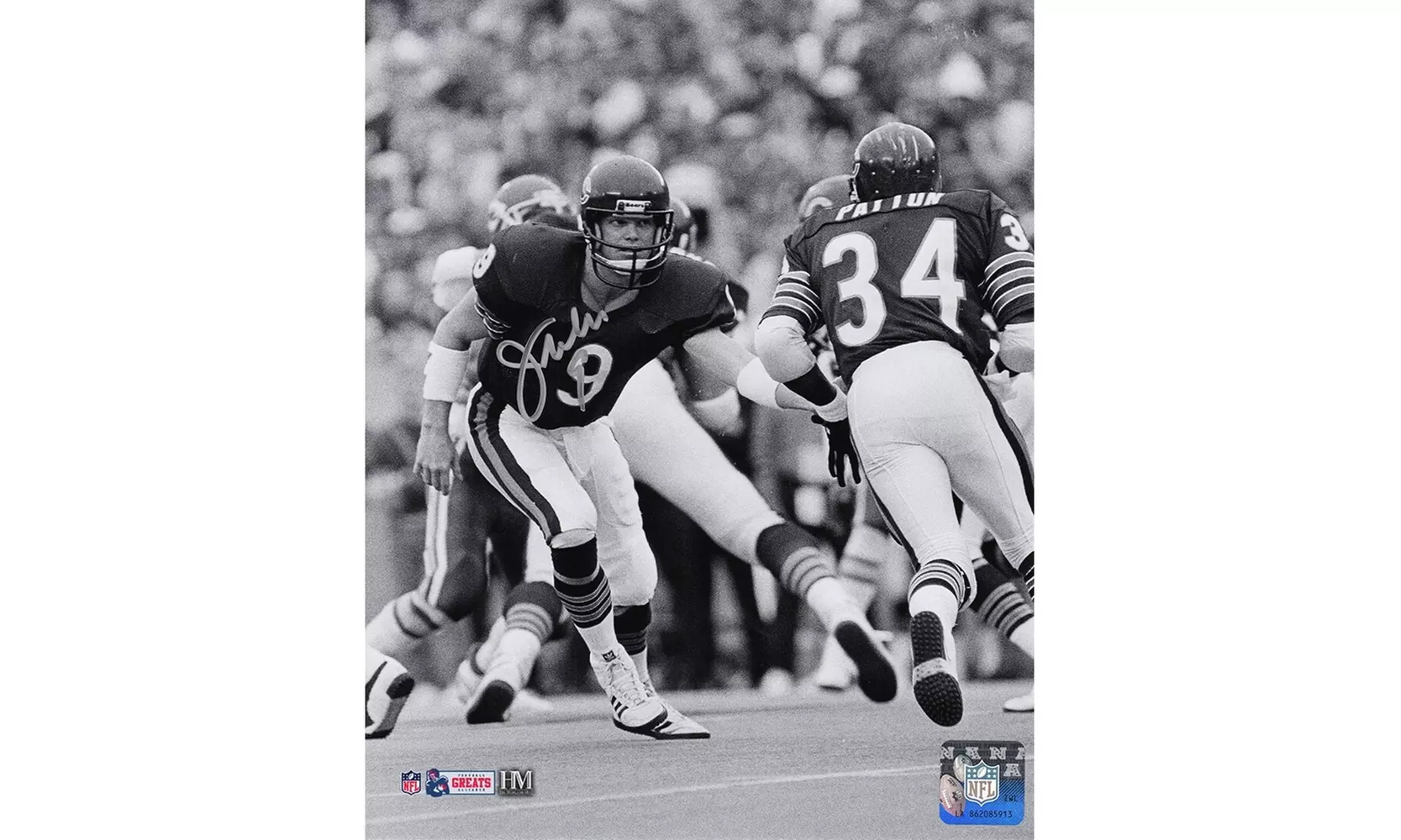 Jim McMahon Signed Bears Hand Off To Walter Payton B&W 8x10 Photo (In Silver) - Primary Image