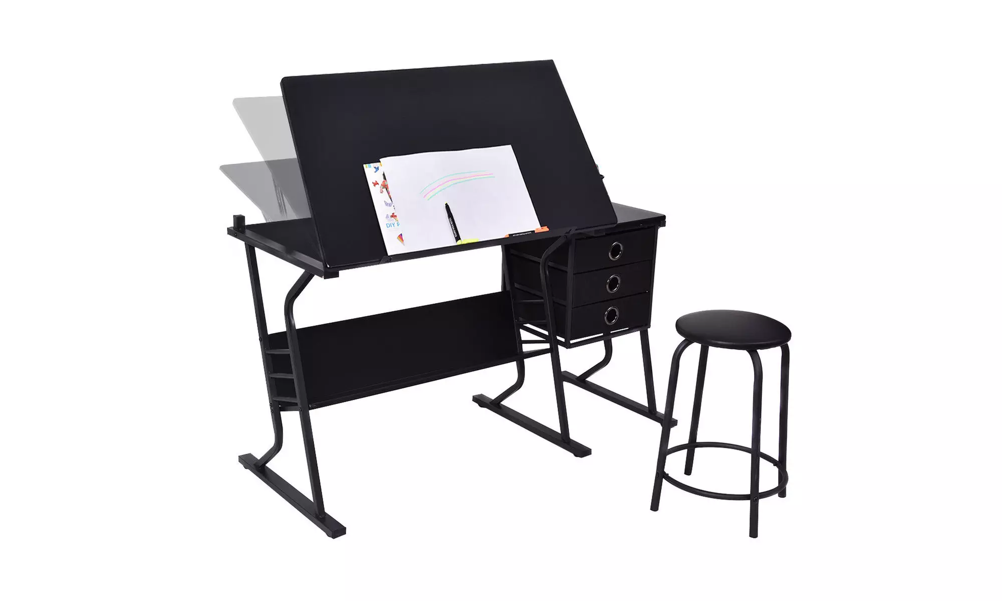 Costway Drafting Table Adjustable Drawing Desk Art Craft Stool & Drawe - Second Medium