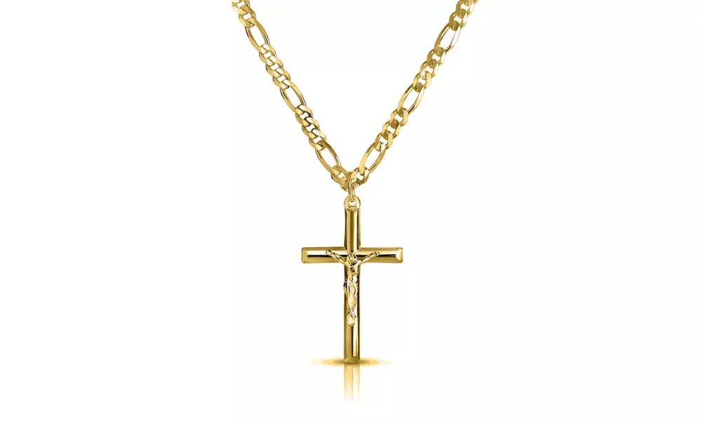 Men's Stainless Steel Crucifix Cross With 24" Figaro Chain