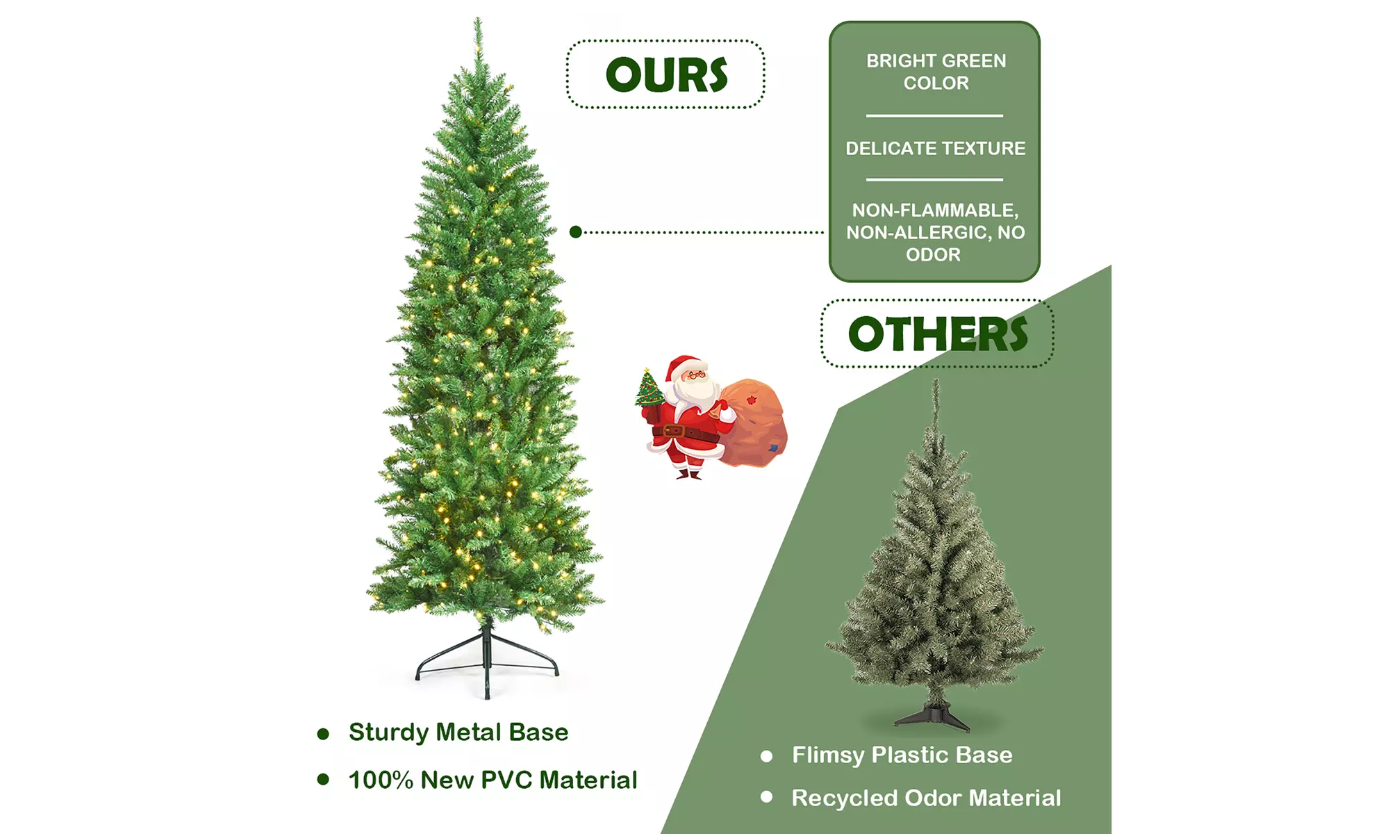 Costway 7Ft Pre-lit Artificial Pencil Hinged PVC Christmas Tree/350 LED Lights