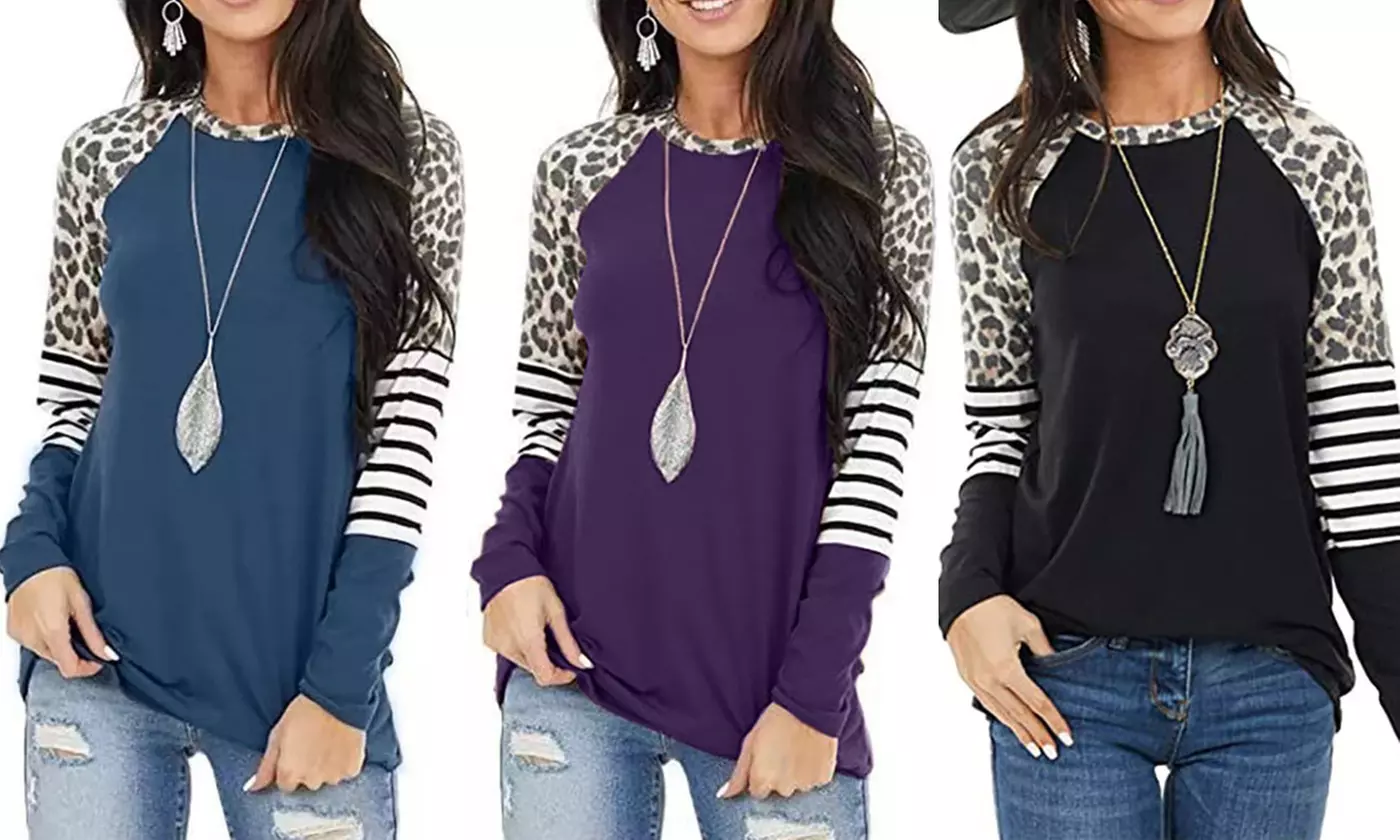 Women's Long Sleeve Leopard Print Color Block Tunic Tops  - Primary Image