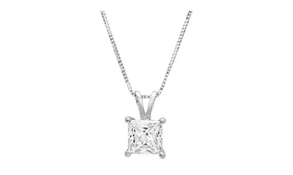 14k white Gold plated silver 2 Cttw Princess White Sapphire 18 Inch Necklace