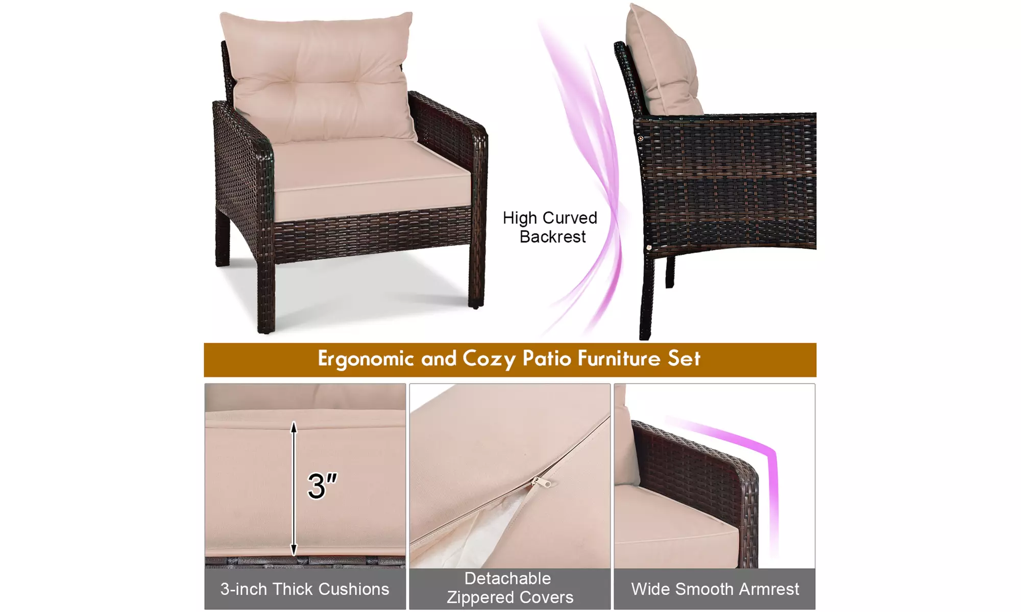 Costway 5 PCS Patio Rattan Wicker Furniture Set Sofa Ottoman Coffee Table  - Second Medium