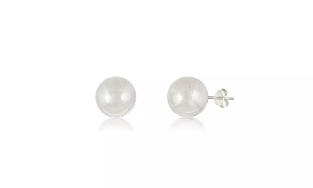 18K White Gold Sterling Silver 10mm Plain Ball Stud Post Earring - Primary Image