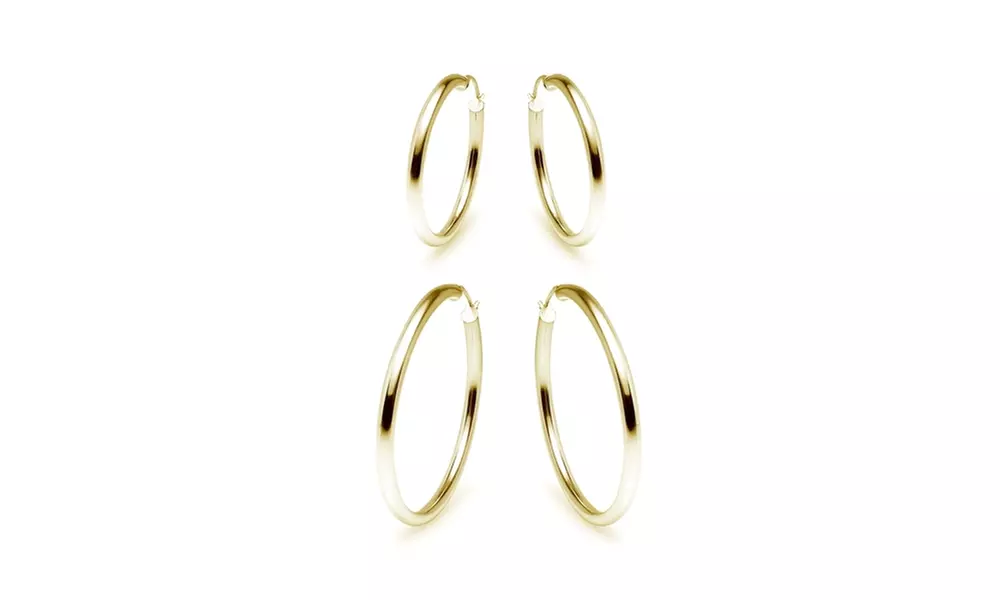 2 Pr Set Yellow Gold Flash 925 Silver 3mm Small Round Hoop Earrings, 35mm 45mm - Primary Image