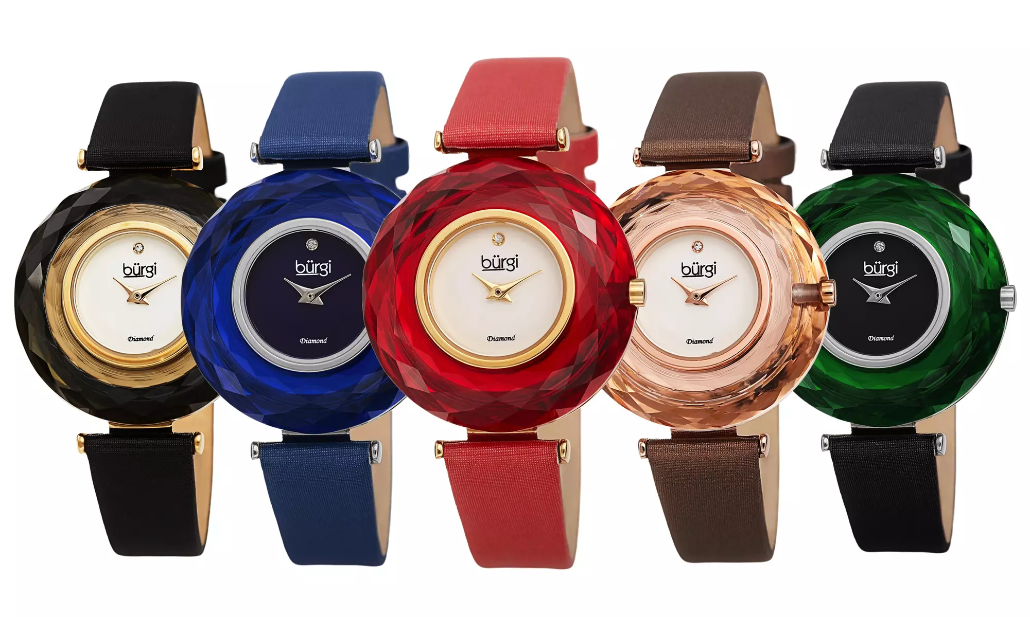 Women's Burgi Colored Faceted Crystal Bezel Leather Strap Watch - Primary Image