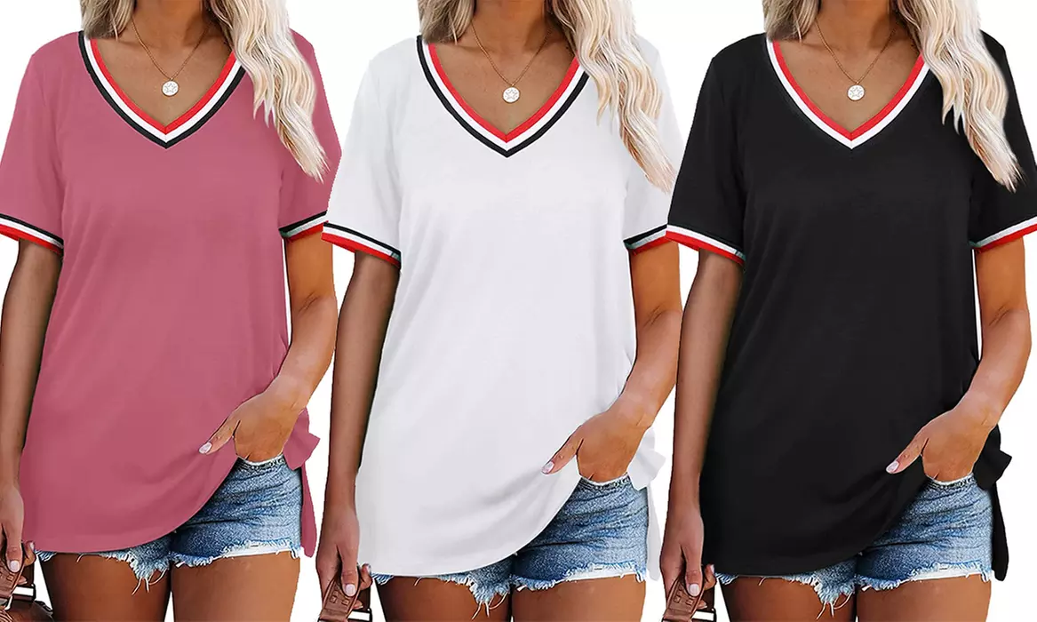 Womens Casual V Neck Tops Side Split Short Sleeve Tee Shirts - Primary Image