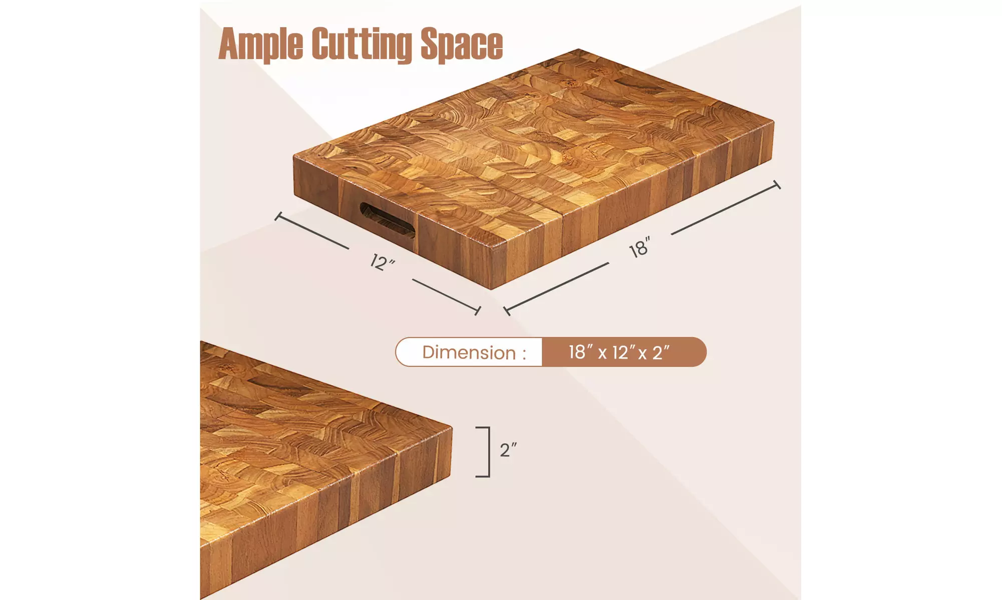 Costway End Grain Cutting Board 18" Teak Wood Chopping Block with Hand Grip