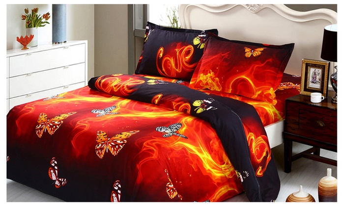 4pcs 3d Butterfly And Fire Queen King Size Bedding Set Groupon